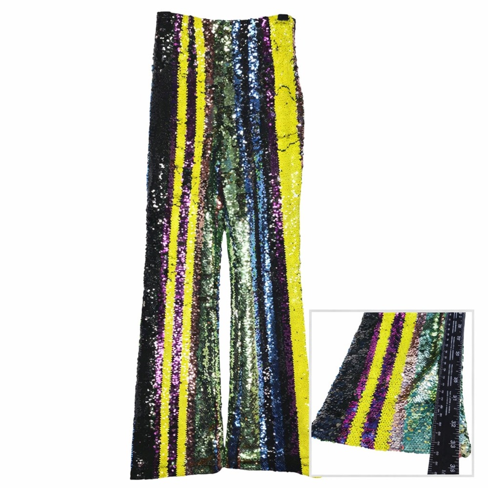 Womens Rainbow Sequin Striped Wide Leg Pant Festival Dopamine Disco 70s 24x33 XS